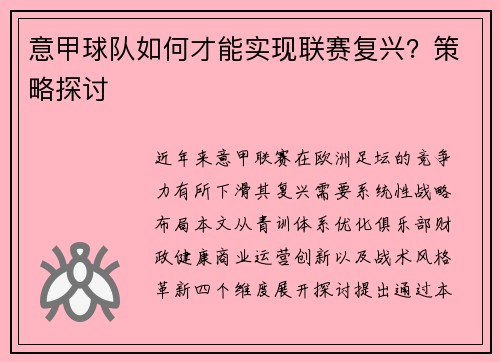 意甲球队如何才能实现联赛复兴？策略探讨